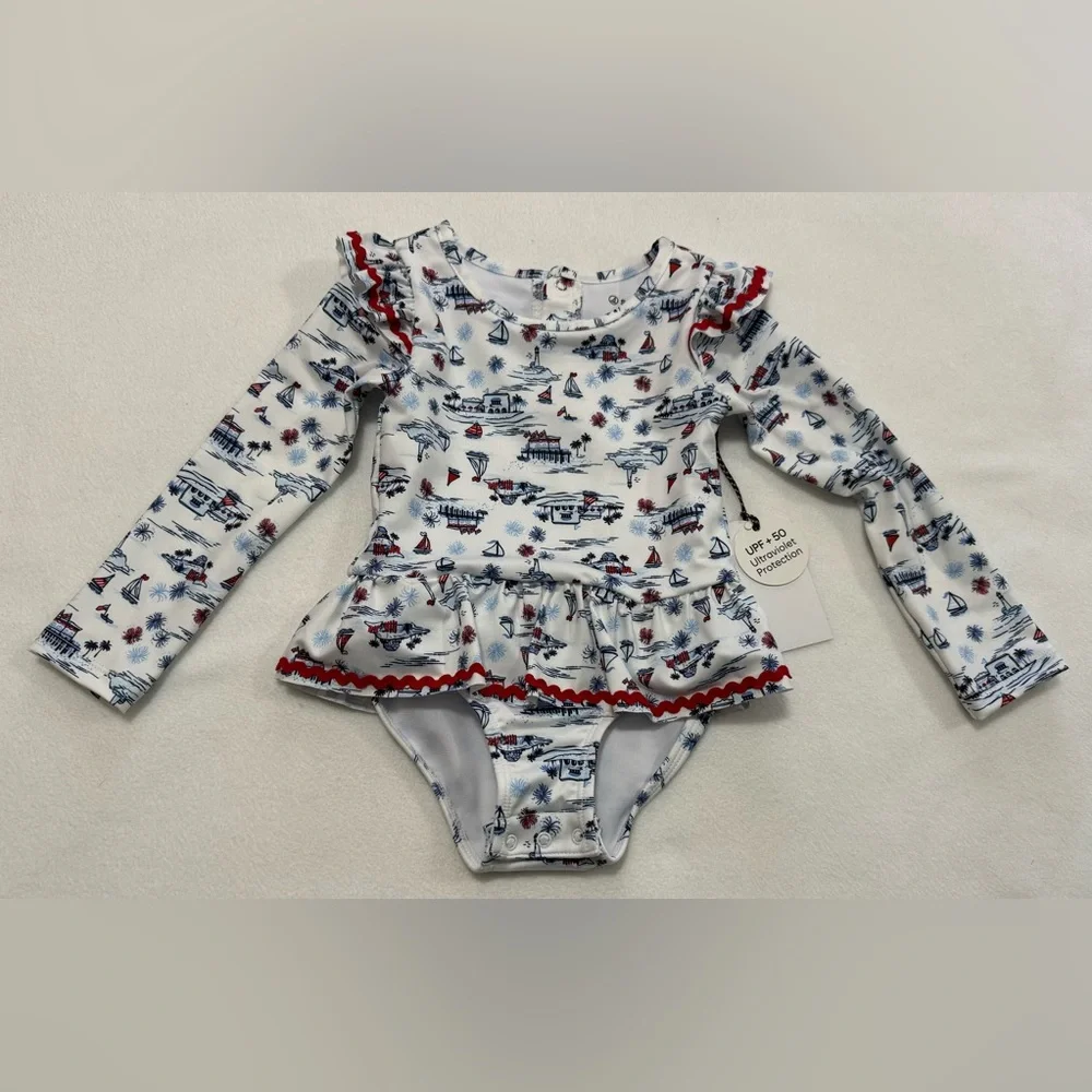 Infant Girl 24M Sperry Nautical One Piece Rashguard & Hat Set - Blue Red - NWT